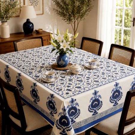 Blue Jaal Handmade Canvas Cotton Table Cover for 6 Seater